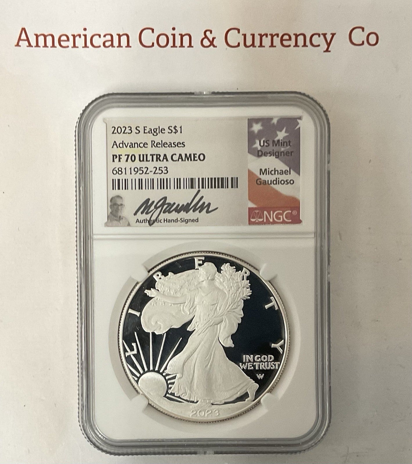 2023-S Proof Silver Eagle NGC PF70 UC Advanced Release Gaudioso Signed