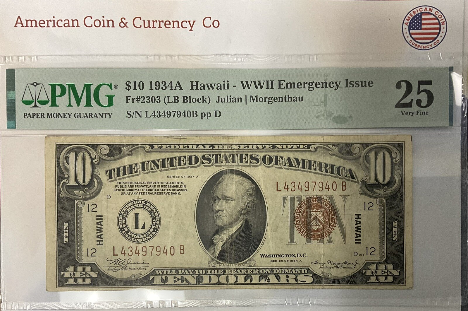 $10 1934A Hawaii - WWII Emergency Issue Fr#2303 PMG 25