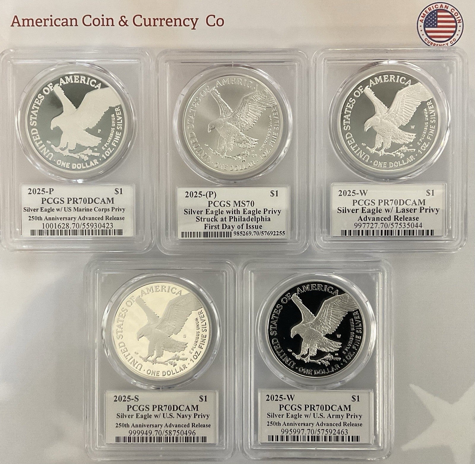 2025 American Silver Eagle Privy Set.  Eagle, Laser, Navy, Army, Marines Privy