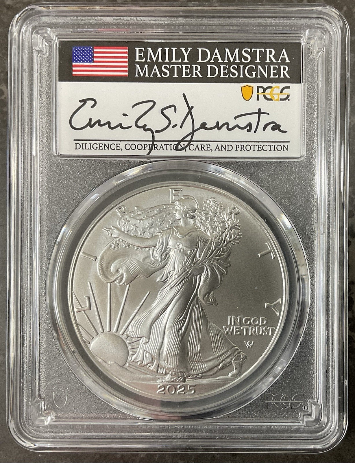 2025 American Silver Eagle PCGS MS-70 FDI Damstra Signed