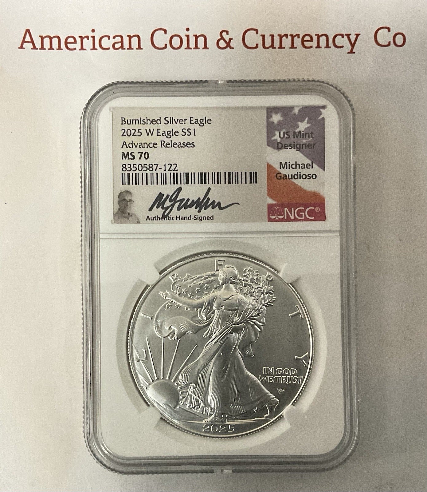 2025-W Burnished Silver Eagle NGC MS-70 Advanced Release Gaudioso Signed