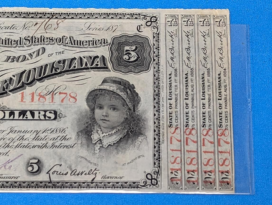 $5 Dollars USA Bond Of The State Of Louisiana 1880