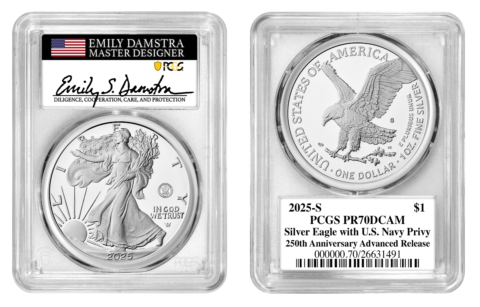 2025-S Silver Eagle w/ US Navy Privy PCGS PR70DCAM Advanced Release Damstra