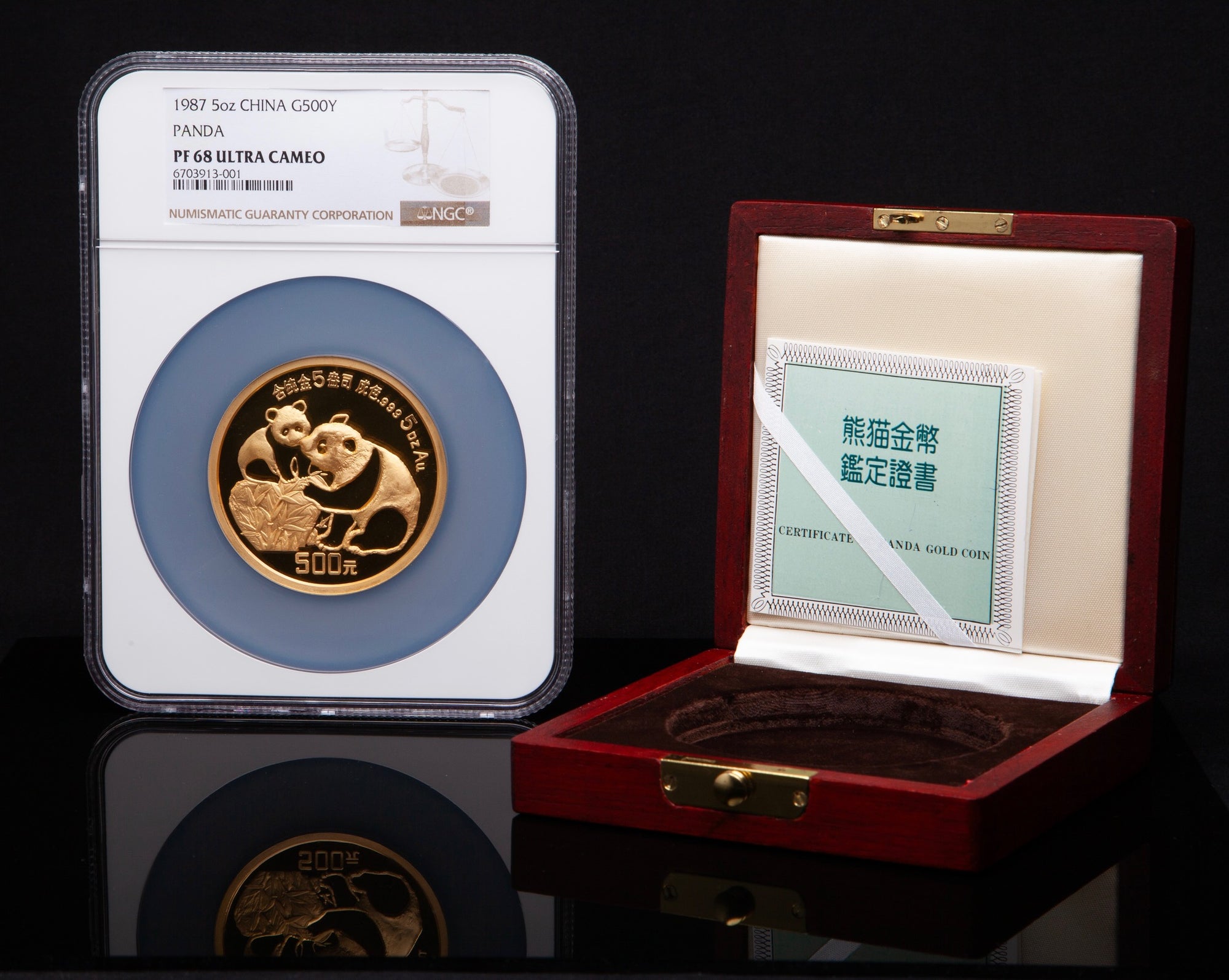 1987 5 oz Chinese Gold Panda coin graded NGC Proof 68 Ultra Cameo (PF68 UC) with Box & COA