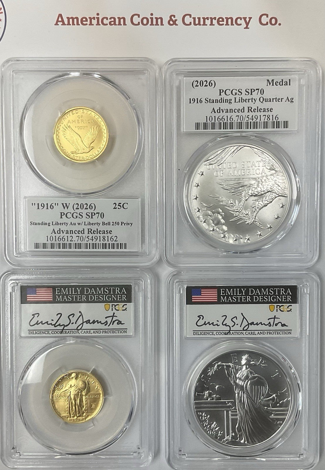 2026-W Standing Liberty Set PCGS SP70 Advanced Release Damstra Signed