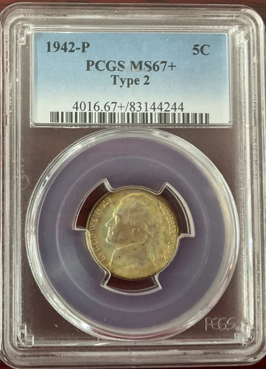 1942-P War Nickel PCGS MS67+ Type 2 Beautiful Toning