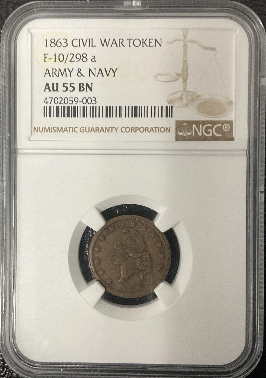 1863 Civil War Token “ Army & Navy” PCGS MS62 F10/298a