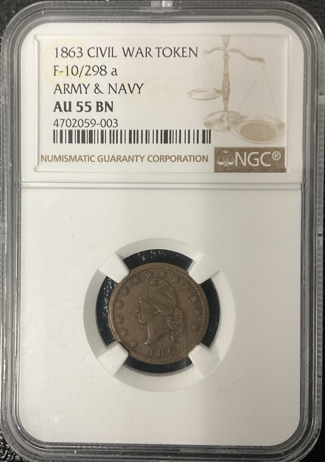 1863 Civil War Token “ Army & Navy” PCGS MS62 F10/298a