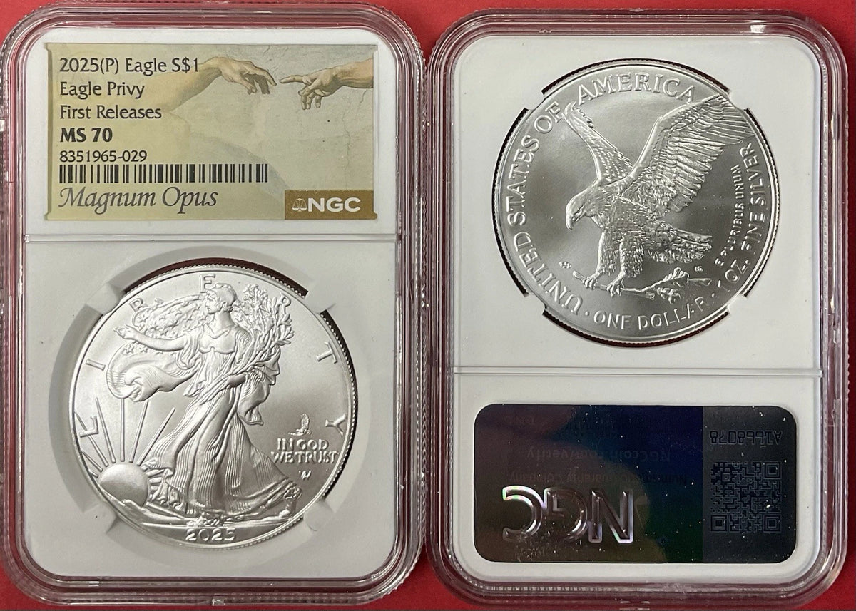 2025 (P) SILVER EAGLE NGC MS70 EAGLE PRIVY FIRST RELEASES MAGNUM OPUS LABEL