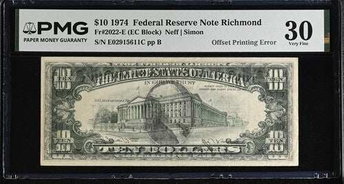 $10 1974 FR Note Richmond Fr#2022-E PMG-30 Offset Printing Error