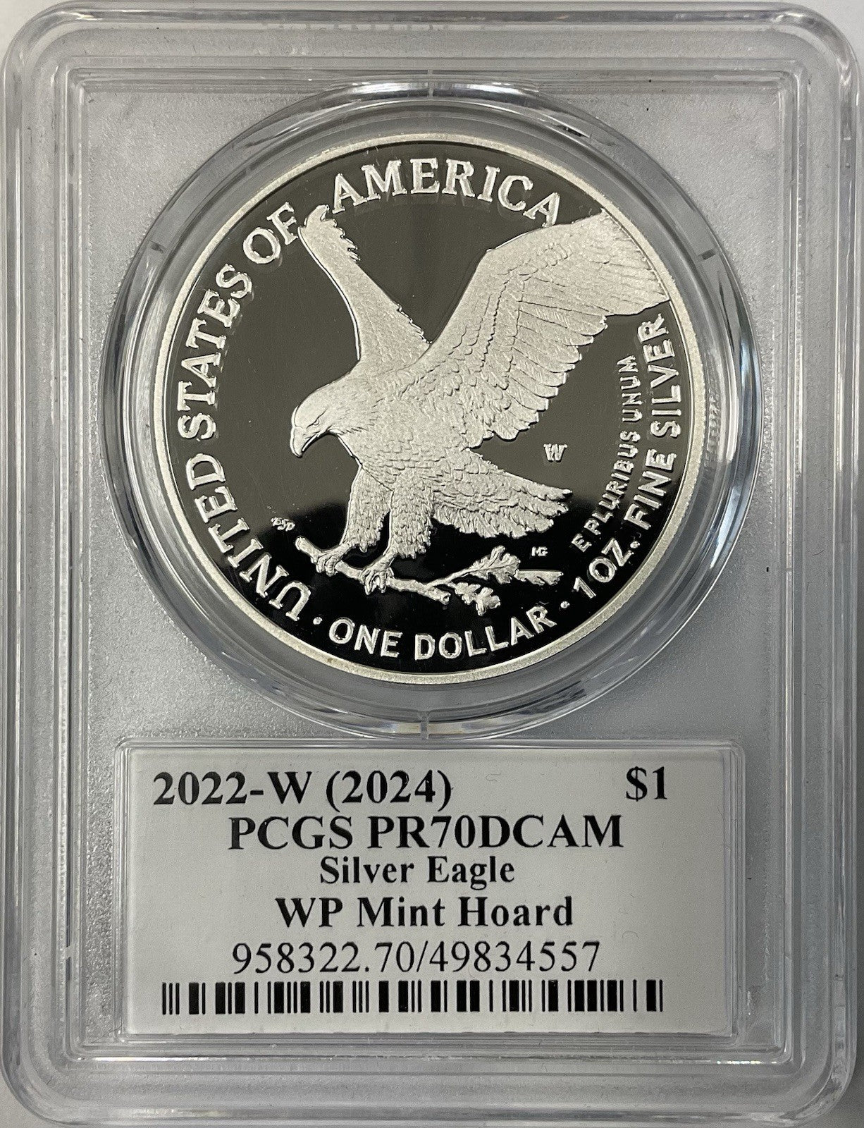 2022-W (2024) Silver Eagle PCGS PR70DCAM WP Mint Hoard Signed By Damstra