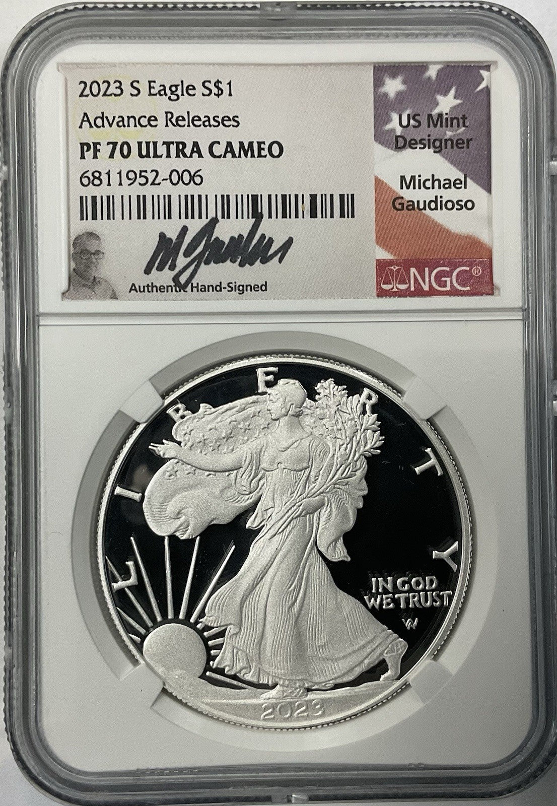 2023-S Silver Eagle NGC PF70UC Advanced Release Signed By Guadioso