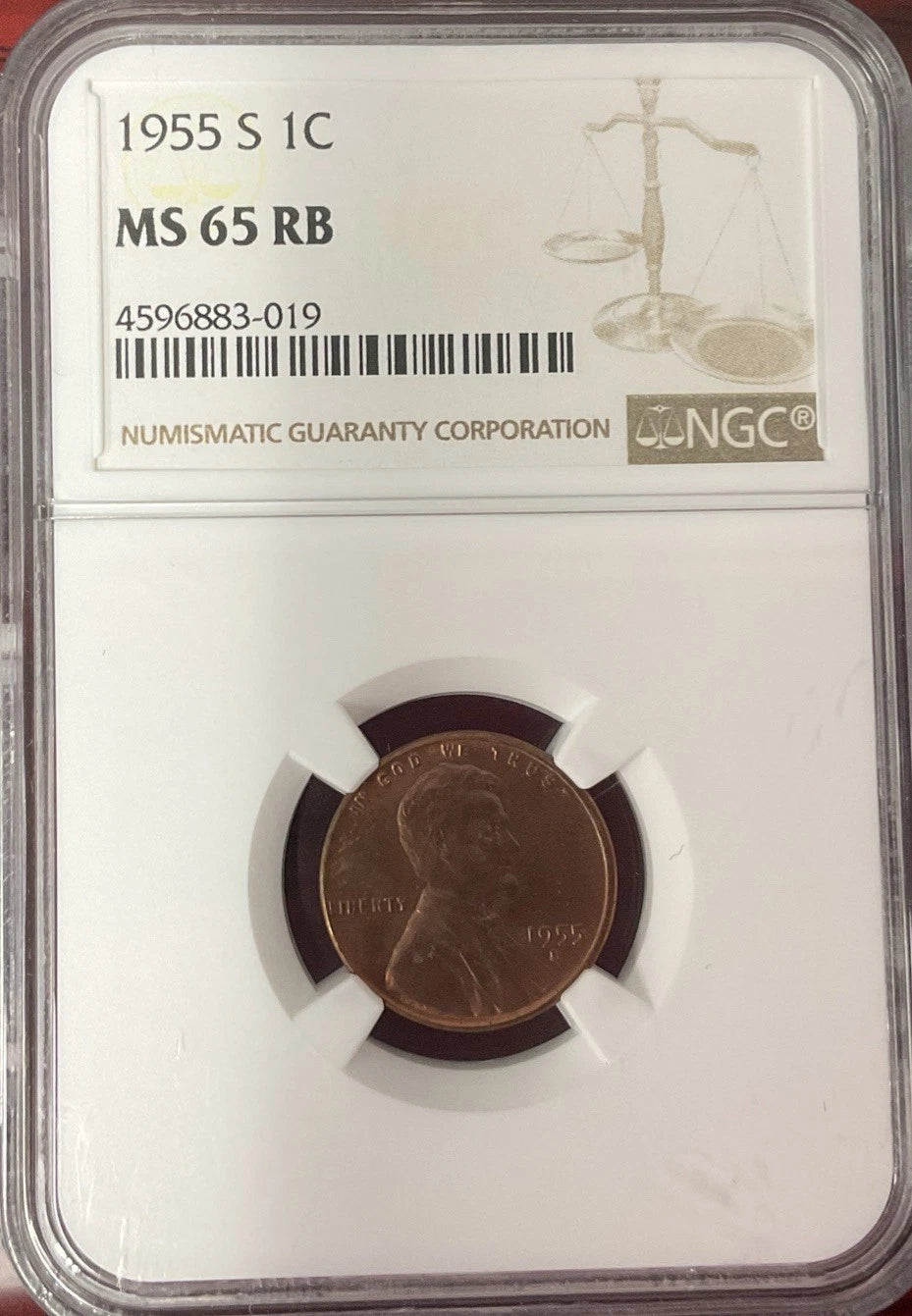1955-S Lincoln Cent NGC MS65RB Toned