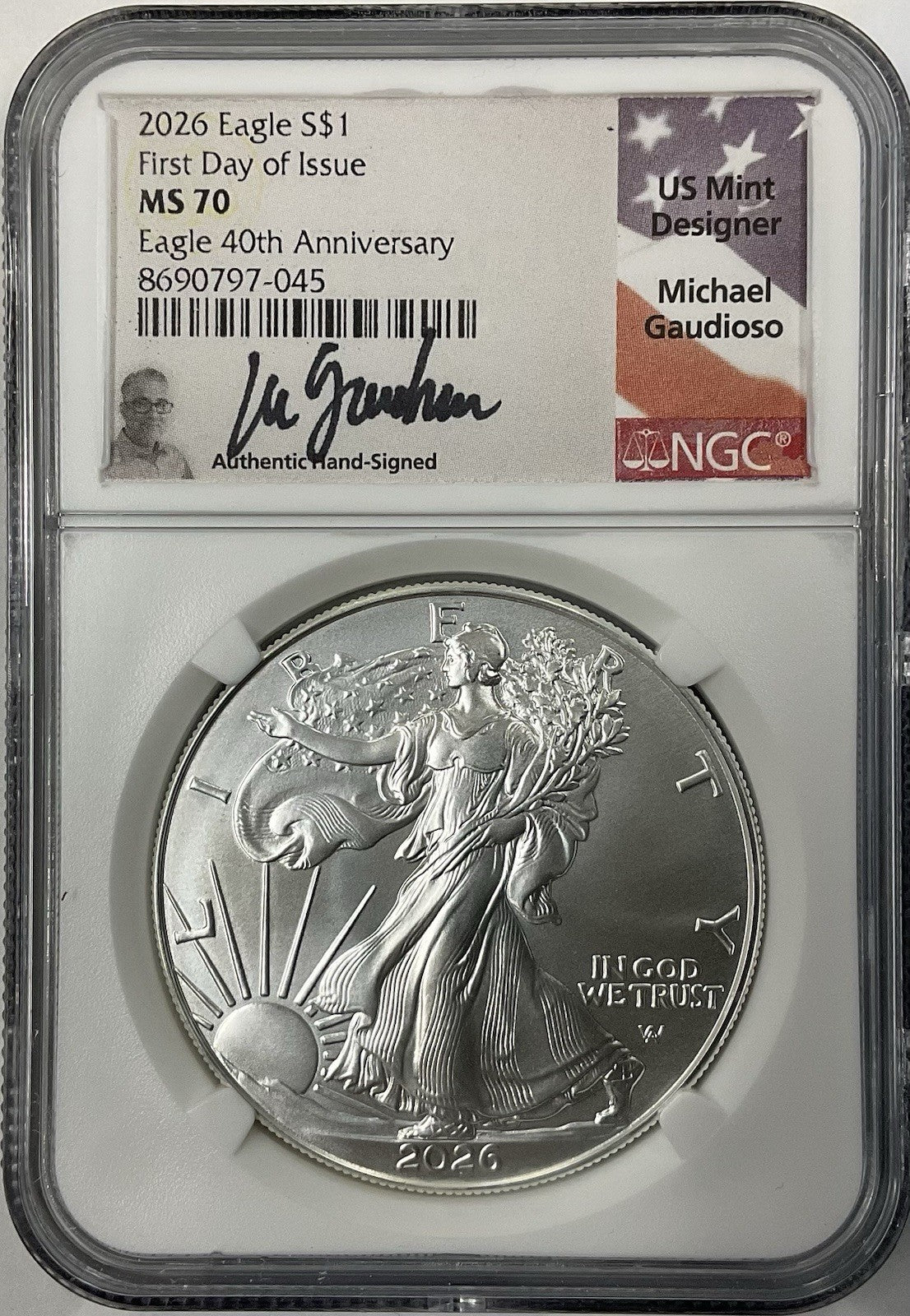 2026 American Silver Eagle NGC MS-70 FDI Guadioso Signed 40th Anniversary