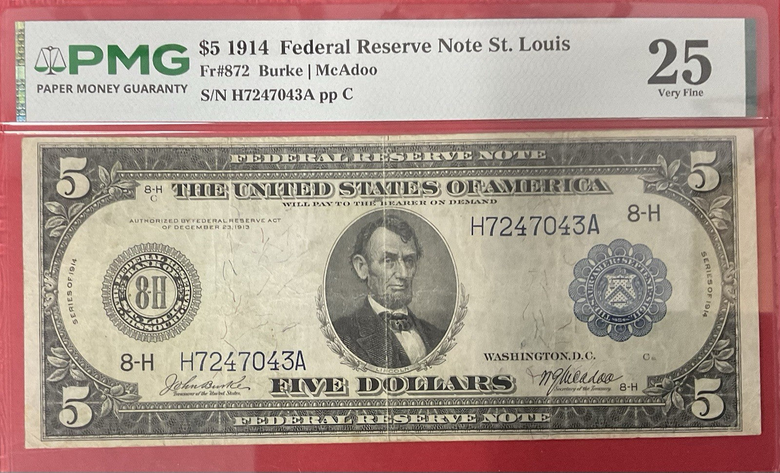 $5 1914 Federal Reserve Note St. Louis FR#872 PMG-25