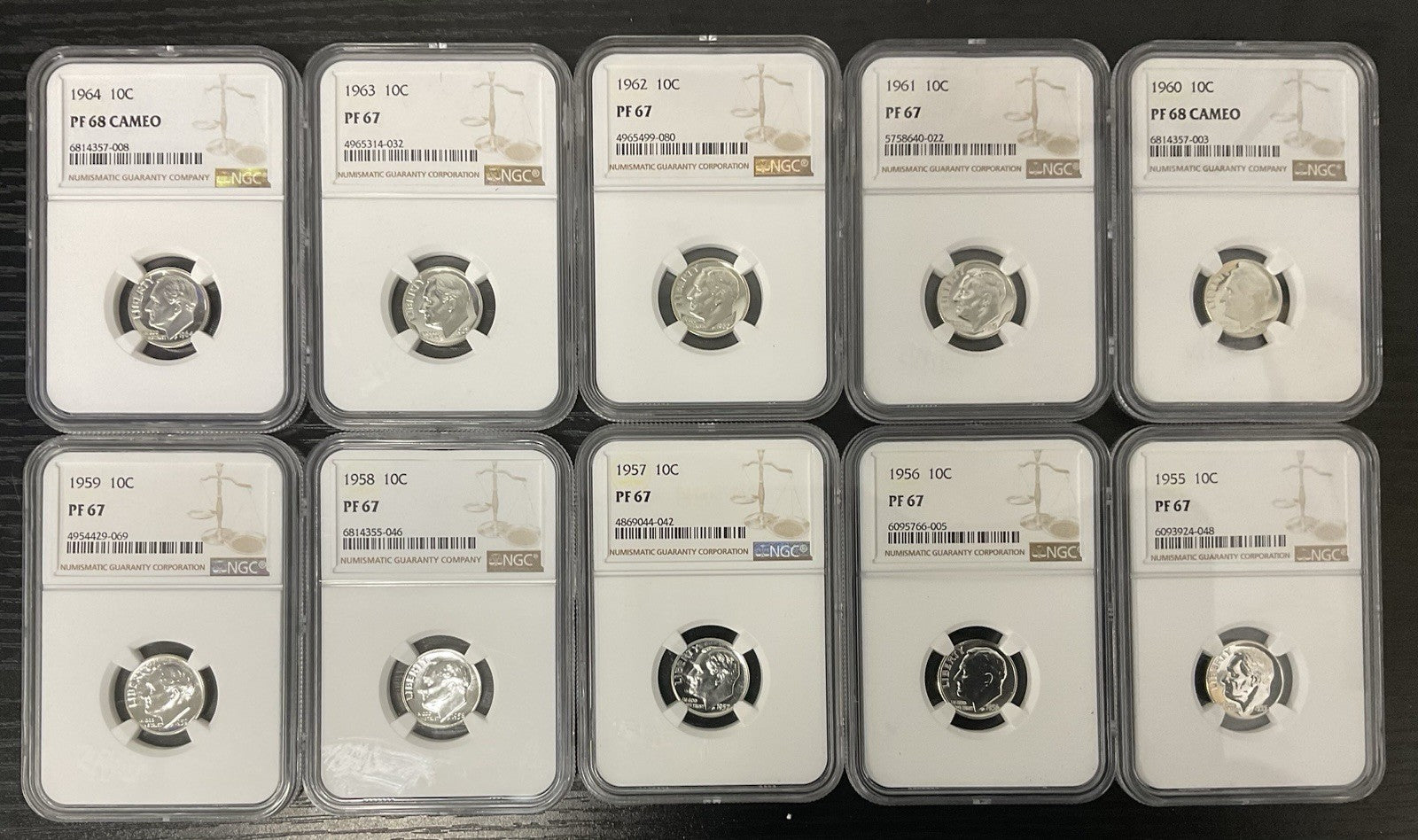 1955-1964 Roosevelt Dime Proof Set All NGC PF67 & PF68