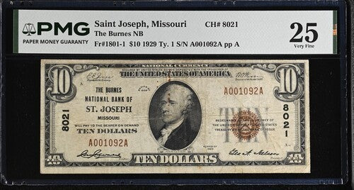 Series 1929 $10 Fr#1801-1 Saint Joseph, MO The Burnes NB PMG-25