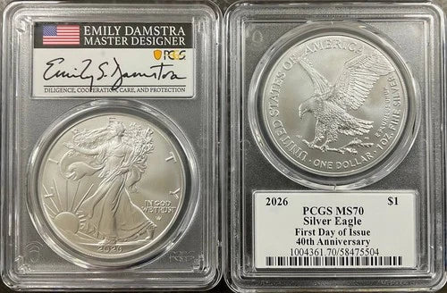 2026 Silver American Eagle PCGS MS70 FDOI Damstra "40th Anniversary Label"