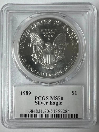 1989 $1 AMERICAN SILVER EAGLE PCGS MS70 JOHN MERCANTI HAND SIGNED BLACK LABEL
