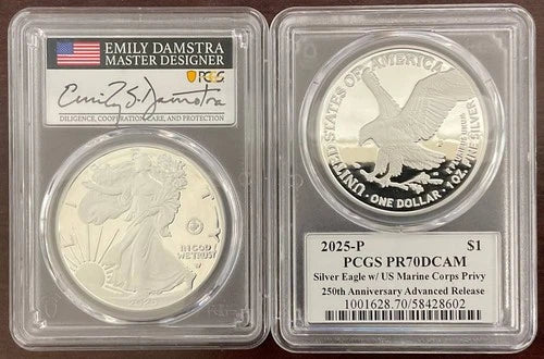 2025-P U.S. Marine Privy Silver Eagle 250th Anniversary PCGS PR70 AR Damstra